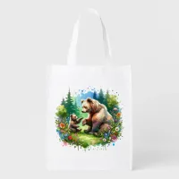 Cute Watercolor Bear and Cub Grocery Bag