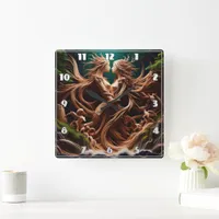 Enchanted Forest Nymphs Embracing by Waterfall Square Wall Clock