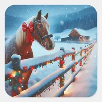 Pretty Brown Horse with Bow Christmas   Square Sticker