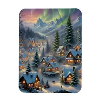 Christmas in a mountain village, polar lights,   magnet