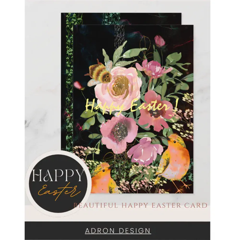 Pink Floral Black Easter with Birds Holiday Card