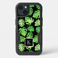 Bold Tropical Green Watercolor Leaves Monogram iPhone 13 Case