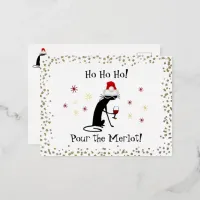 Ho Ho Ho Merlot Funny Cat Christmas Quote Foil Holiday Postcard
