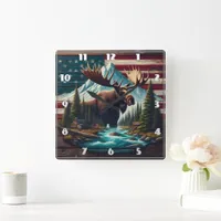 Majestic Moose Among Mountains and American Flags Square Wall Clock