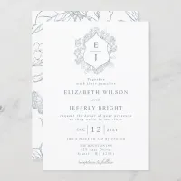 Dusty Blue Floral Crest Monogram Wedding Invitation