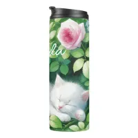 Sweet Napping White Kitten under a Rose Bush  Thermal Tumbler