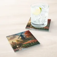 Windmill in Dutch Countryside by River with Tulips Glass Coaster