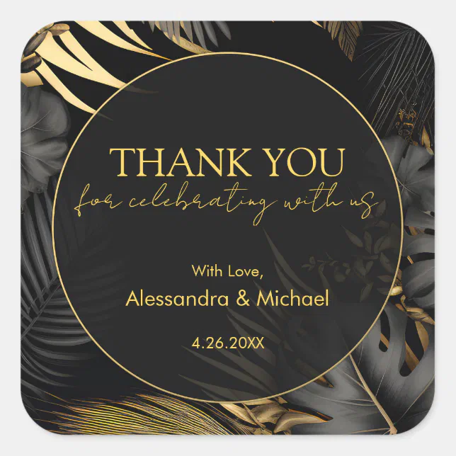 Modern Black Gold Tropical Wedding Thank You Square Sticker