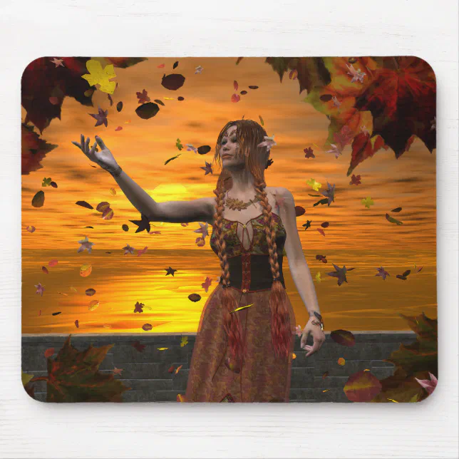 Elf in Falling Leaves Against an Autumn Sunset Mouse Pad