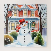 Cute Whimsical Snowman in the Suburbs Christmas Jigsaw Puzzle