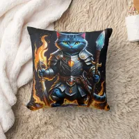 Brave Feline Knight in Fiery Fantasy Setting Throw Pillow