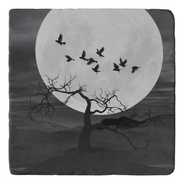 Spooky Ravens Flying Against the Full Moon Trivet