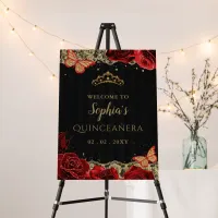 Red  Roses Black Gold Quincea&#241;era Welcome Sign