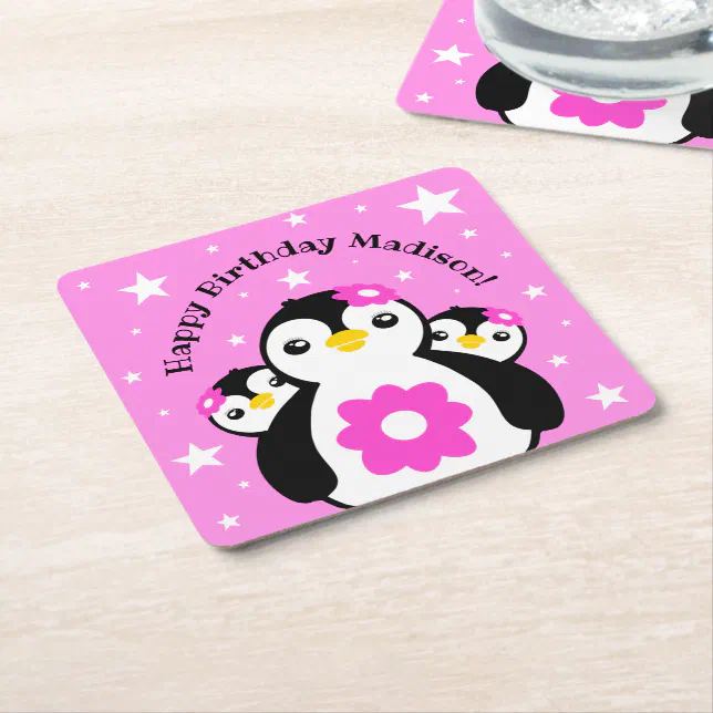 Cute Happy Birthday Girl Penguins Pink Flowers Square Paper Coaster