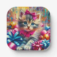 Cute Pink and Blue Kitten Girl's Birthday Paper Plates
