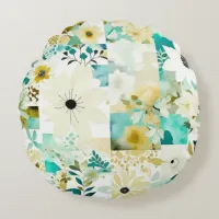 Pretty Folk Art White and Turquoise Flowers   Round Pillow