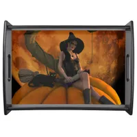 Witch and Cat on Giant Pumpkin  Serving Tray