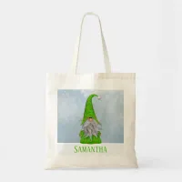 Personalized Whimsical Green Holiday Gnome Tote Bag