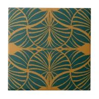 Elegant Art Deco Mustard & Teal Gouache Scallops Ceramic Tile