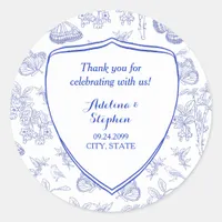 Vintage Victorian Elegant Crest Blue Toile Wedding Classic Round Sticker