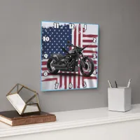 Bold motorcycle against the American flag backdrop Square Wall Clock