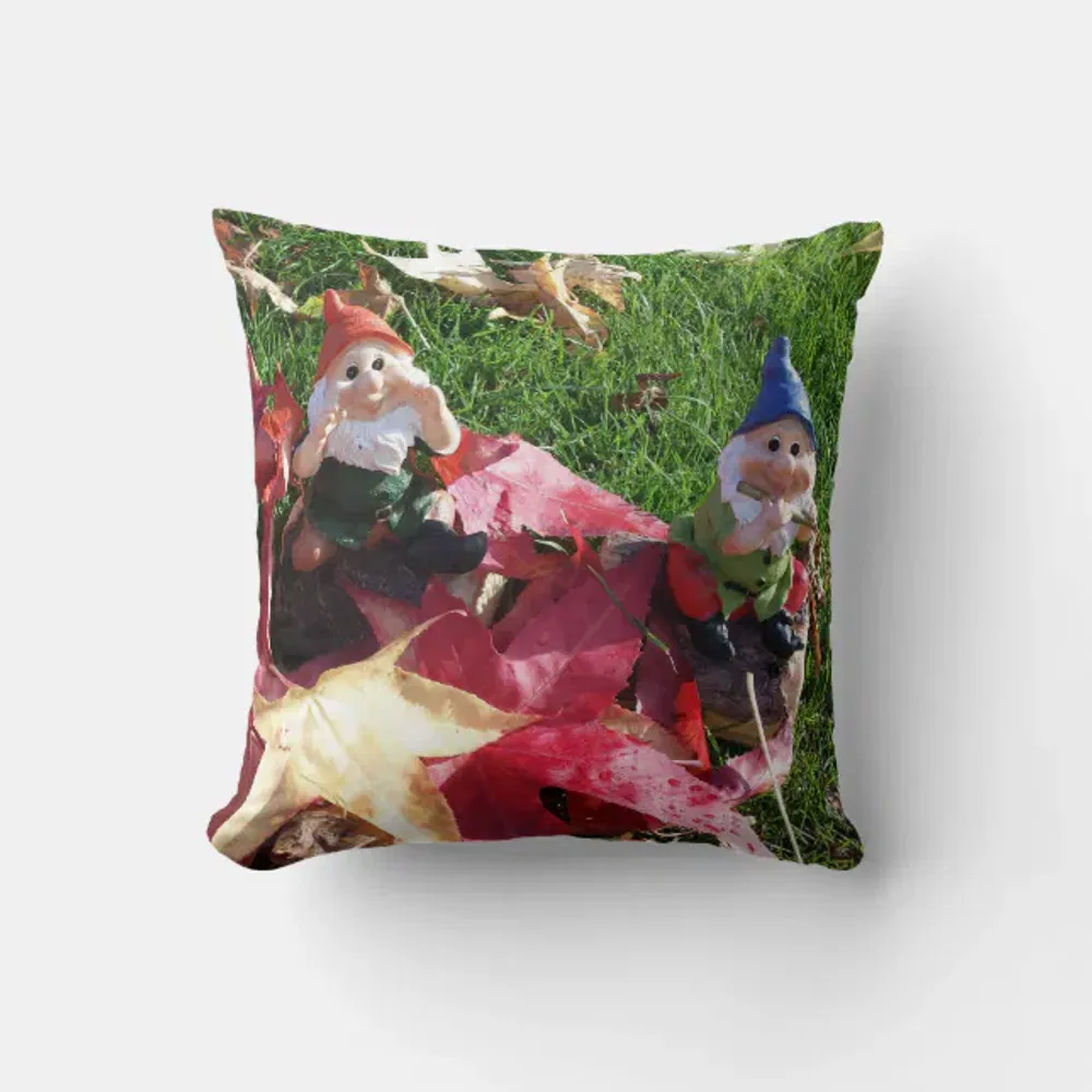 Garden Gnomes in the Yard Fall Red Brown Leaves Th Throw Pillow