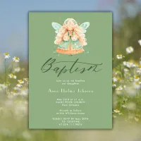 Watercolor Magical Fairy Girl Sage Green Baptism Invitation