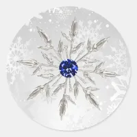 silver royal blue snowflakes winter wedding classic round sticker