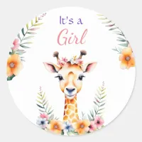 Baby Giraffe in Flowers, It's a Girl | Baby Shower Classic Round Sticker