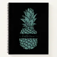 Chic Black and Teal Glitter Pineapple Name Notebook