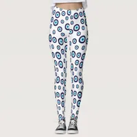 Blue Aqua White Nazar Evil Eye Circles Pattern Leggings