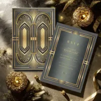 Glam Art Deco Wedding Black/Gold ID1033 RSVP Card