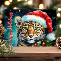 Wild Christmas Wishes Santa Hat Cheetah Cat Holiday Card