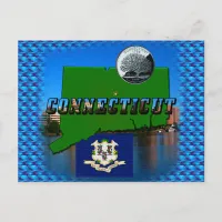 Connecticut' Map, Text, Faux Quarter, Flag Scenery Postcard