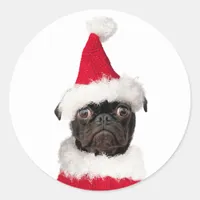 Cute Festive Christmas Black Pug Puppy Santa Classic Round Sticker