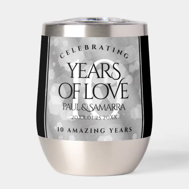 Elegant 10th Tin Wedding Anniversary Celebration Thermal Wine Tumbler