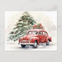 Vintage Style Red Car and Christmas Tree Greeting Postcard