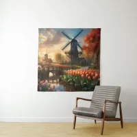 Windmill in Dutch Countryside by River with Tulips Tapestry
