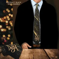 Abstract Black Gold Marble Monogram Neck Tie