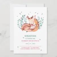 Watercolor Baby Deer Bembi and Mother 1st Birthday Invitation