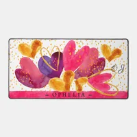 Cute Pink Boho Abstract Hearts Initials Name Desk Mat