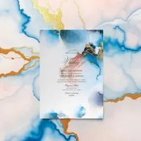 Elegant Blue & Gold Alcohol Ink with Blush Accents Invitation