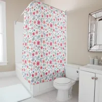 Watermelon Pink and Blue Watercolor Floral Pattern Shower Curtain