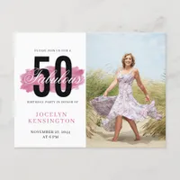 50th Birthday Hot Pink Watercolor Photo Postcard