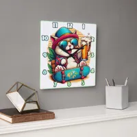 Cat with sunglasses celebrating on a skateboard square wall clock