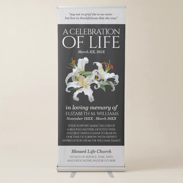 Elegant White Oriental Lilies Celebration of Life Retractable Banner