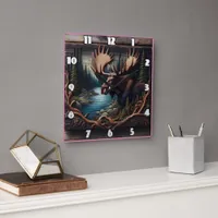 Moose in Forest By a River at Dusk Square Wall Clock