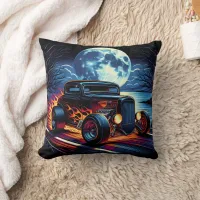 Classic hot rod cruising under a full moon throw pillow