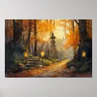 Watercolor winding path through fall woods at dusk