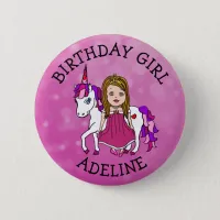 Birthday Girl Personalize Button Princess Unicorn